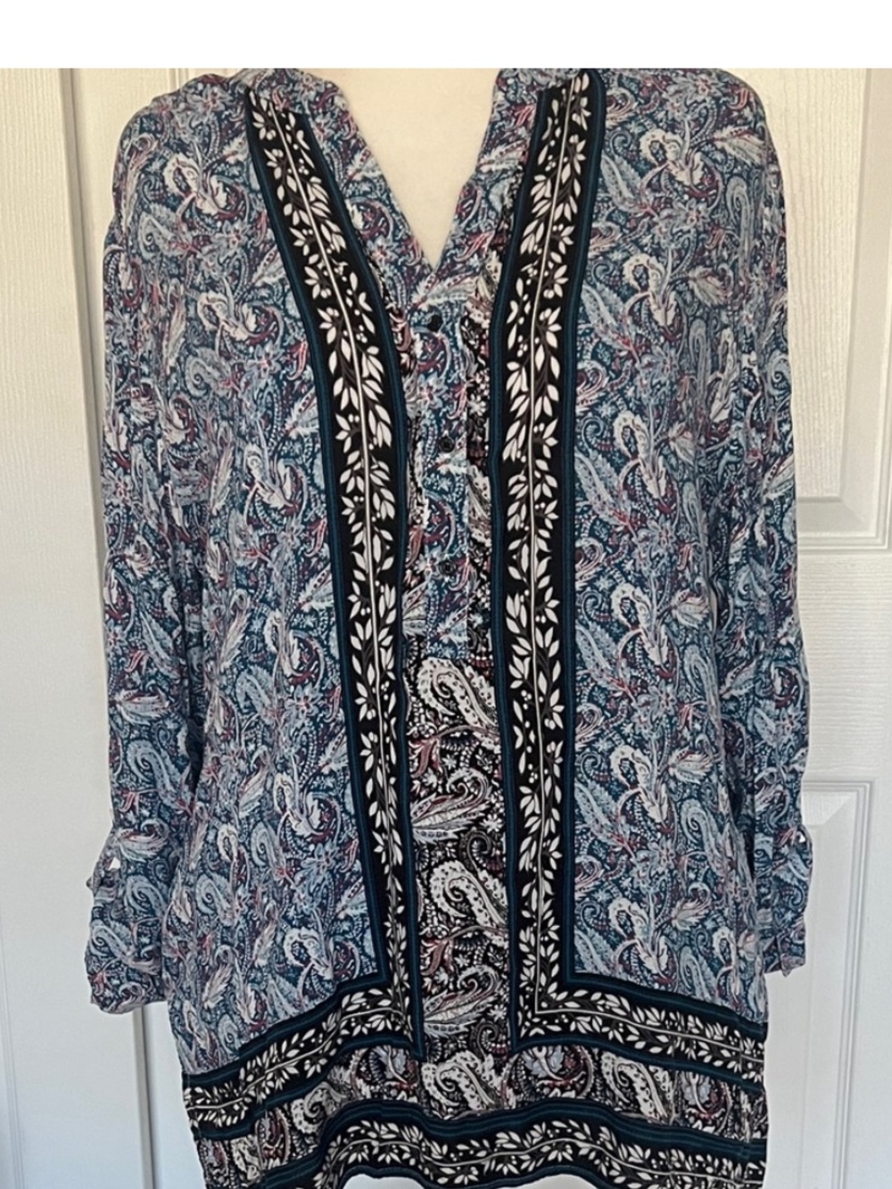Cato Paisley Boho Tunic Top Plus 18/20W Blue Border Print Roll Tab Blouse